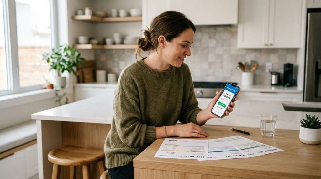 Cómo pagar servicios desde Mercado Pago en México: guía con cada método disponible 4 Mujer sonríe mientras revisa una factura en su teléfono móvil