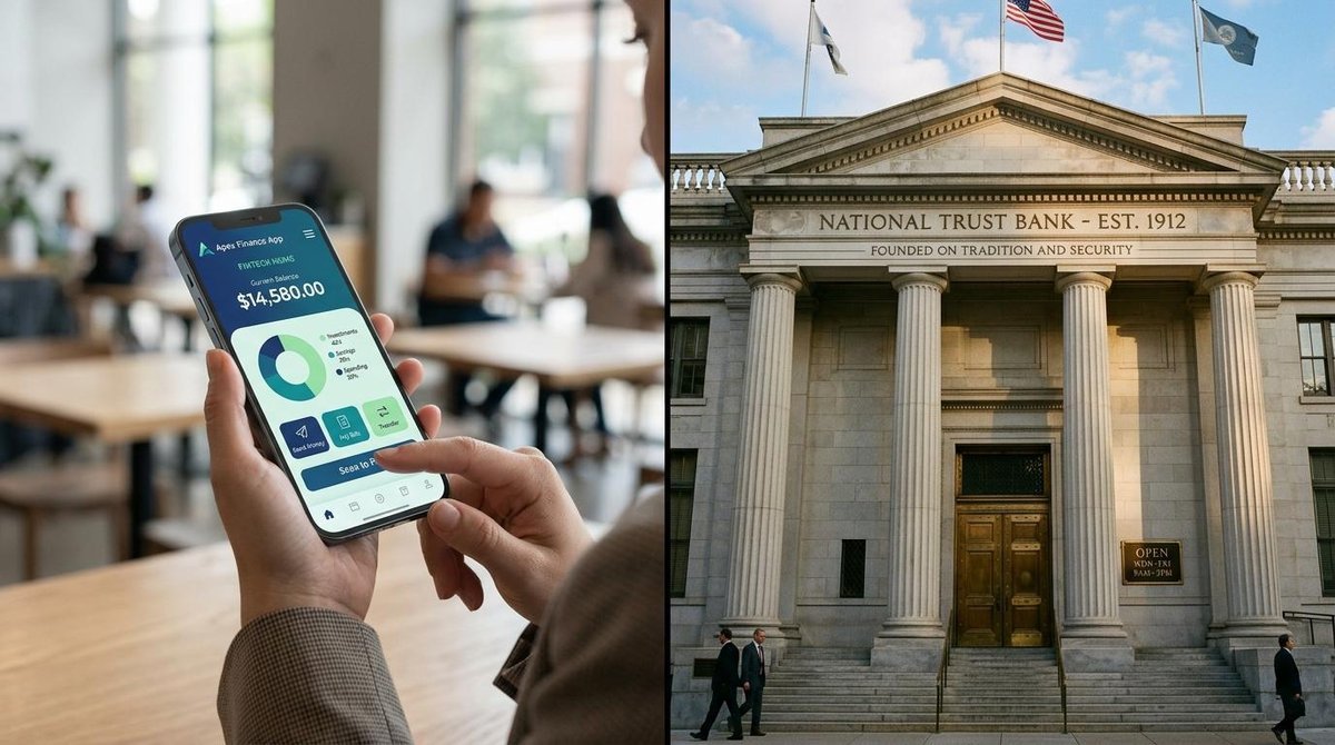 Diferencia ilustrativa entre fintech y banco tradicional.