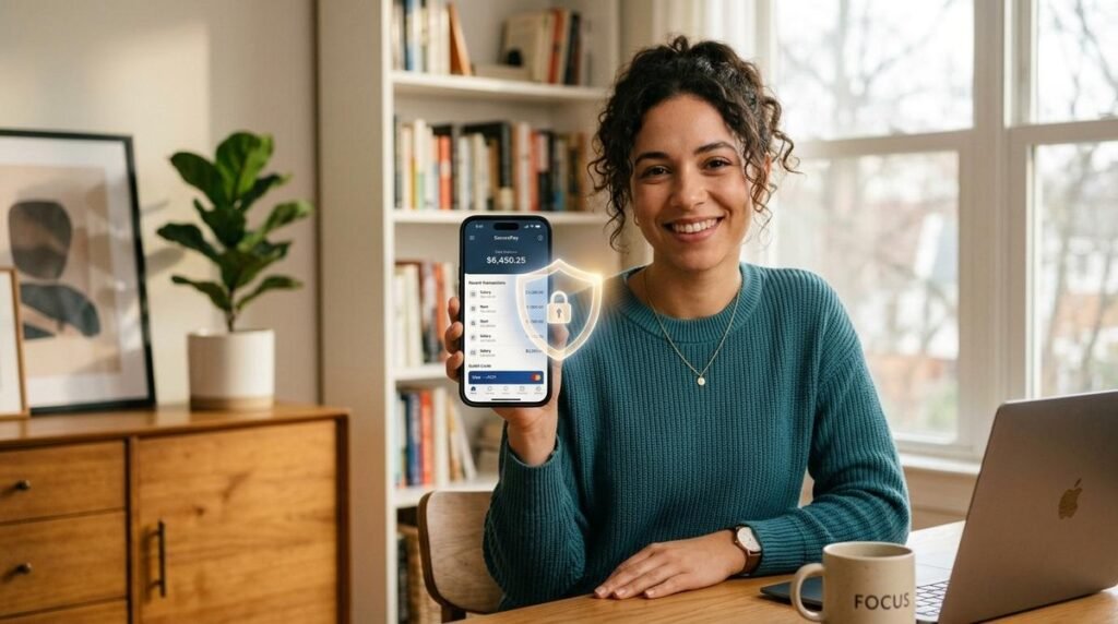 Persona mostrando celular con app que asegura su dinero.