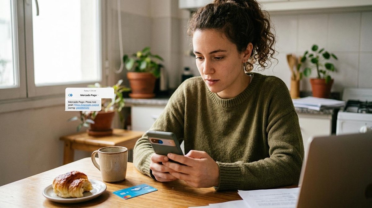 Persona recibiendo SMS de phishing en su celular