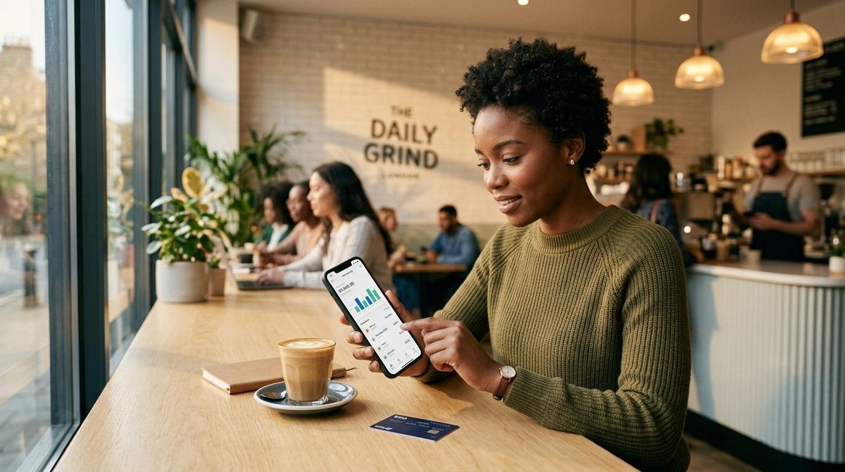 Persona probando tarjeta de crédito digital en una cafetería
