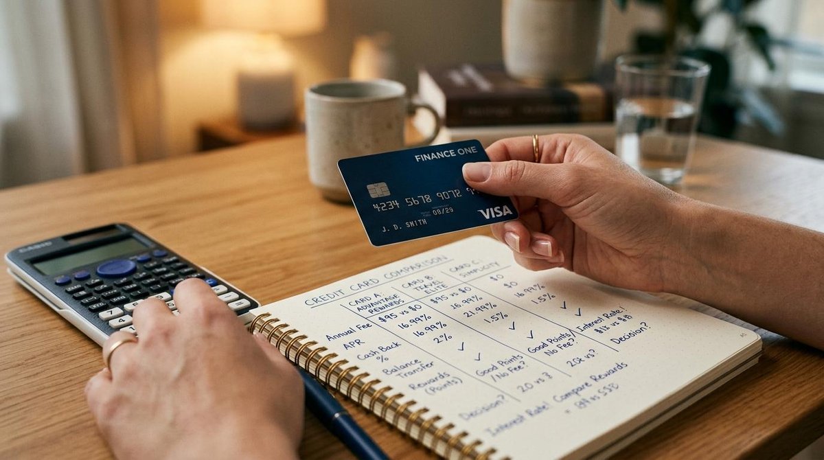 Persona haciendo una comparación de tarjetas de crédito con calculadora y anotador