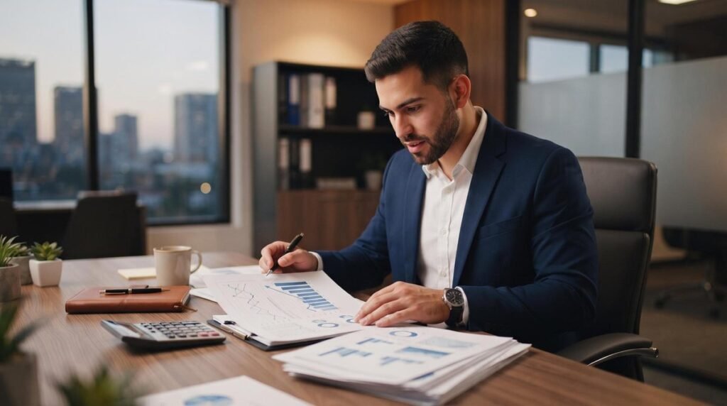 Cómo calcular el margen de ganancia de tu negocio y tomar decisiones con datos reales 2 Empresario joven revisando reportes financieros con gráficas de crecimiento en una oficina moderna con iluminación cálida, calculadora y documentos