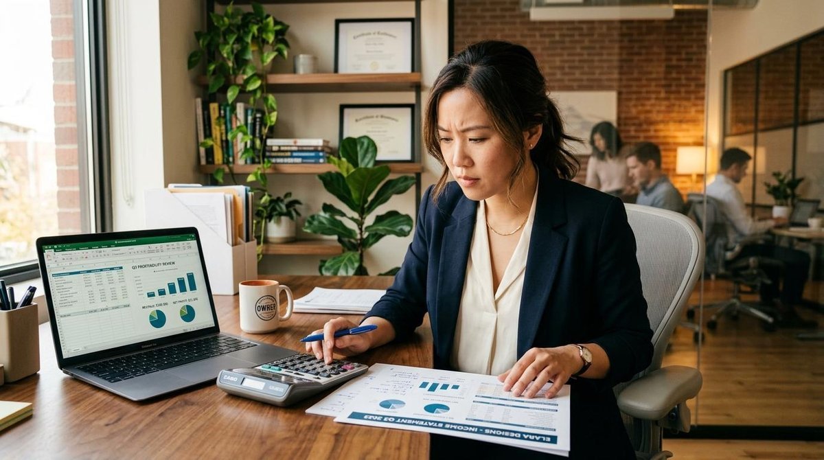 Dueña de pequeño negocio analizando estados de cuenta con laptop y calculadora en espacio de trabajo contemporáneo, expresión pensativa