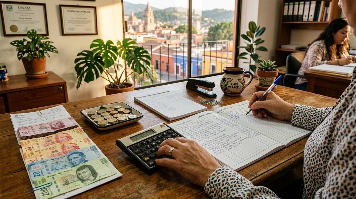 Manos profesionales realizando cálculos financieros con calculadora y documentos contables sobre escritorio de madera, billetes y monedas organizados