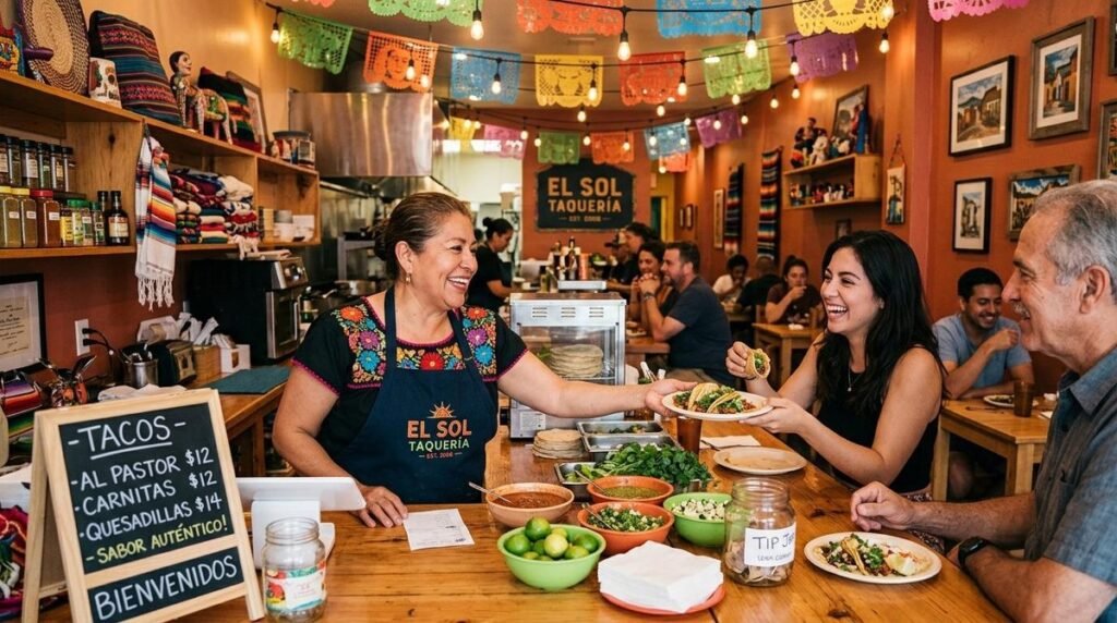 Mesera sonriente sirve tacos a clientes en un restaurante mexicano colorido