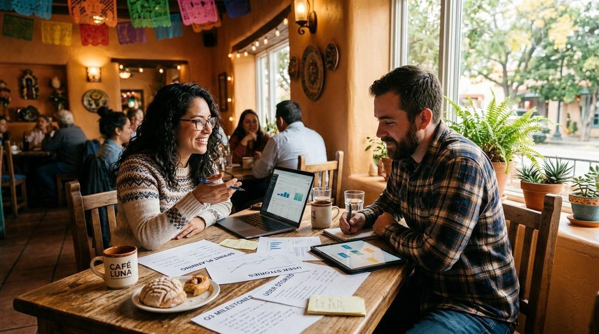 Pareja discutiendo trabajo en una cafetería con documentos y dispositivos