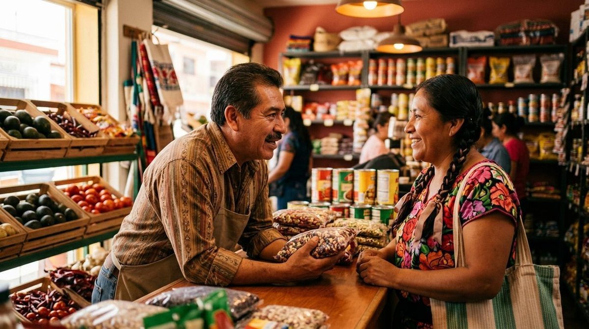 Un comerciante local mexicano conversando de cerca con una clienta en su tienda, mostrando productos y construyendo una relación de confianza genuina,