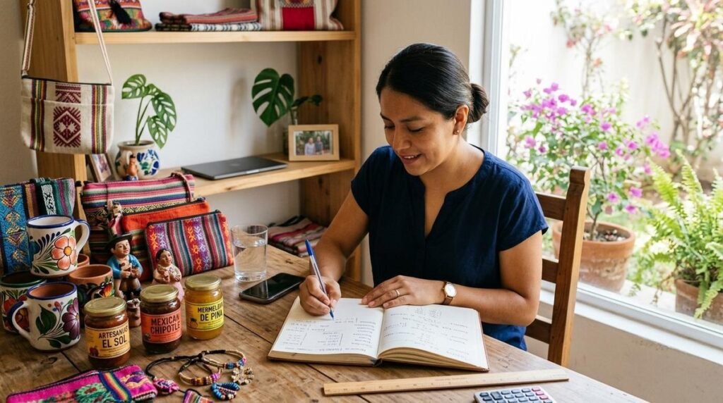 Cómo definir el precio de un producto desde cero con una estrategia que proteja tu negocio 3 Una pequeña empresaria mexicana analiza anotaciones financieras en una libreta junto a productos artesanales organizados en una mesa de madera