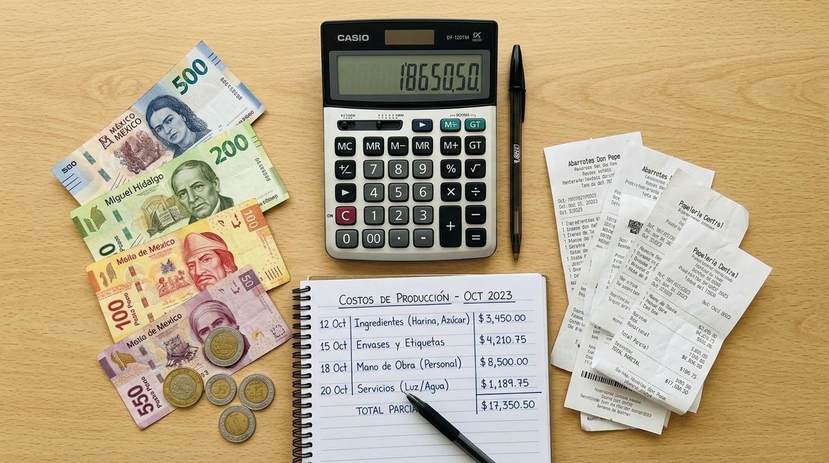 Vista de arriba hacia abajo de una calculadora, billetes y monedas mexicanas, recibos y una libreta con anotaciones de gastos