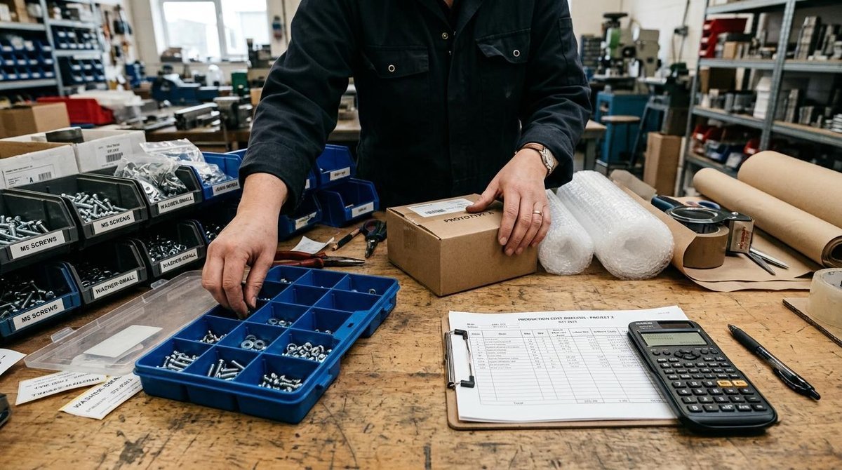Manos de una persona organizando materias primas y materiales de empaque sobre una mesa de trabajo, con una calculadora y una hoja de cálculo impresa