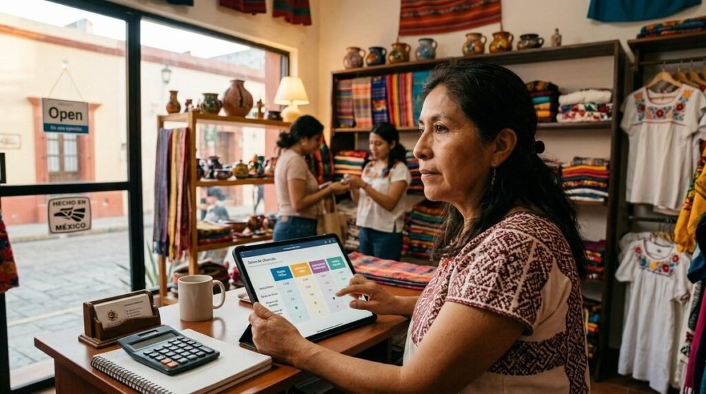 Cómo elegir los canales correctos para tu pyme según tu tipo de producto y cliente 4 Un propietario de pyme en México analiza opciones de canales de venta en una tablet mientras observa su pequeña tienda, con un ambiente cálido