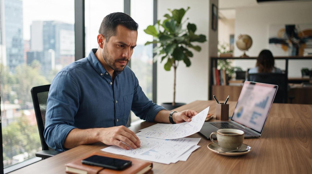 Cómo elegir los canales correctos para tu pyme según tu tipo de producto y cliente 1 Un emprendedor mexicano trabaja en su escritorio moderno revisando documentos de estrategia empresarial junto a una computadora y taza de café