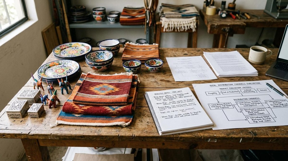 Cómo elegir los canales correctos para tu pyme según tu tipo de producto y cliente 2 Productos artesanales mexicanos organizados sobre una mesa de trabajo junto a notas de análisis y un diagrama visual, mostrando una evaluación práctica