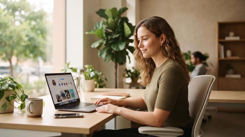 Cómo manejar comentarios negativos en internet y convertir críticas en oportunidades reales 2 Una profesional joven sentada frente a una laptop en una oficina moderna con luz cálida natural, visualizando la pantalla donde aparecen notificaciones
