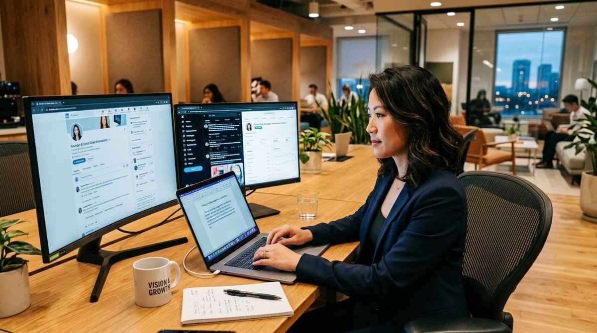 Un emprendedor escribiendo una respuesta reflexiva en su laptop mientras observa múltiples pantallas con interfaces de redes sociales