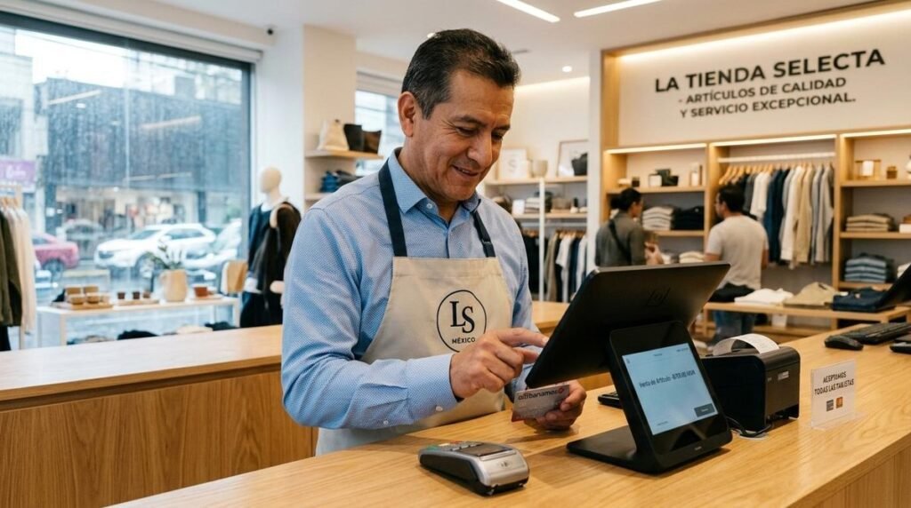 Cómo proteger tu negocio de fraudes con tarjeta de crédito: guía con acciones concretas 7 Un propietario de negocio en México revisando con atención una terminal de punto de venta moderna mientras sostiene una tarjeta de crédito