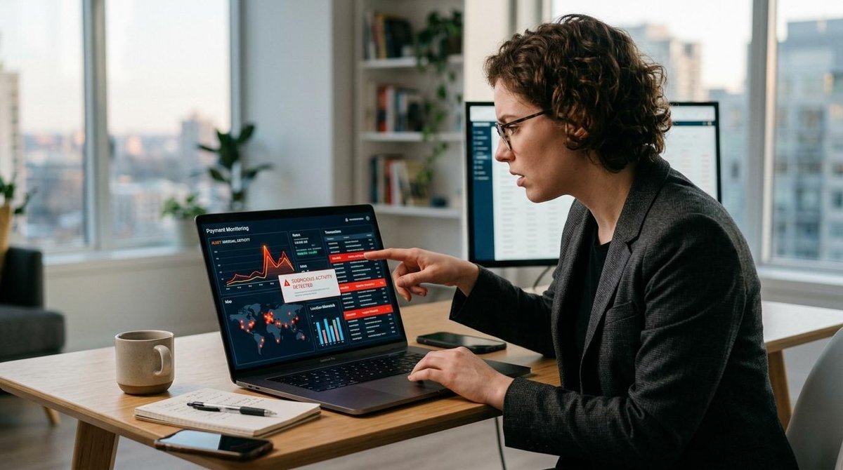 Persona revisando transacciones bancarias en una laptop sobre una mesa de trabajo moderna, con gráficos de monitoreo de pagos visibles en la pantalla