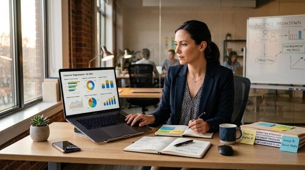 Un profesional de marketing analizando gráficos de segmentación de clientes en una pantalla de laptop moderna, con notas adhesivas y documentos