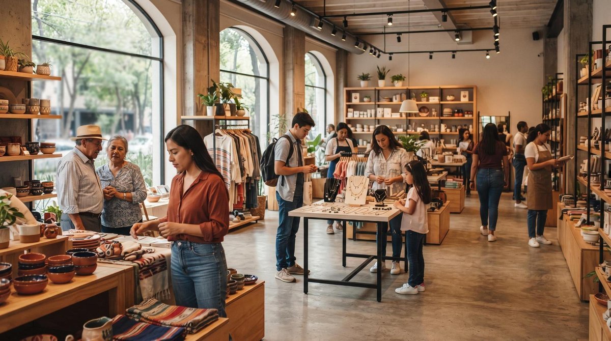 Cómo segmentar a tus clientes para vender más y conectar con cada perfil de compra 1 Una tienda minorista contemporánea en México con clientes diversos explorando diferentes secciones del negocio, iluminación cálida y ambiente profesional