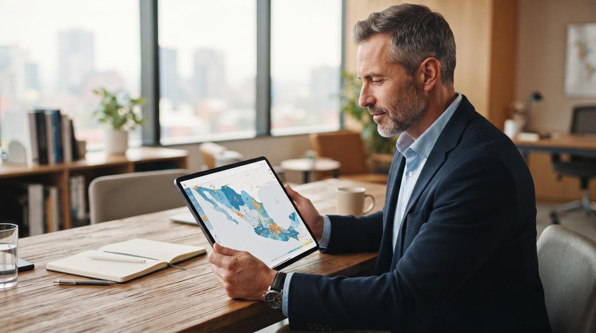 Cómo segmentar a tus clientes para vender más y conectar con cada perfil de compra 2 Un empresario revisando un mapa de México con marcadores y datos demográficos en una tableta digital