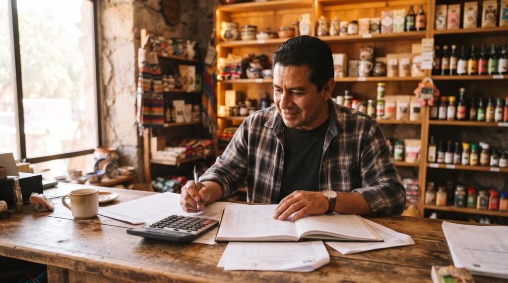 Cuándo conviene aplicar descuentos sin perder rentabilidad en tu negocio 1 Persona sonriente trabaja en un mostrador con papeles y calculadora
