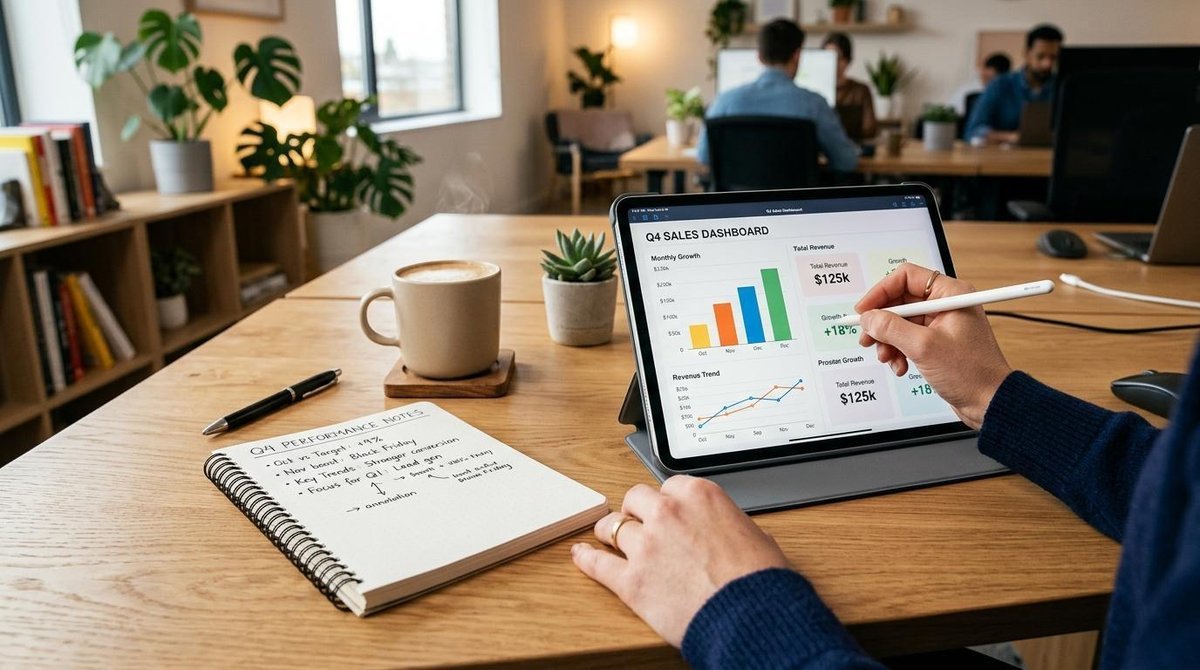 Persona revisa un panel de ventas en una tableta con notas y café
