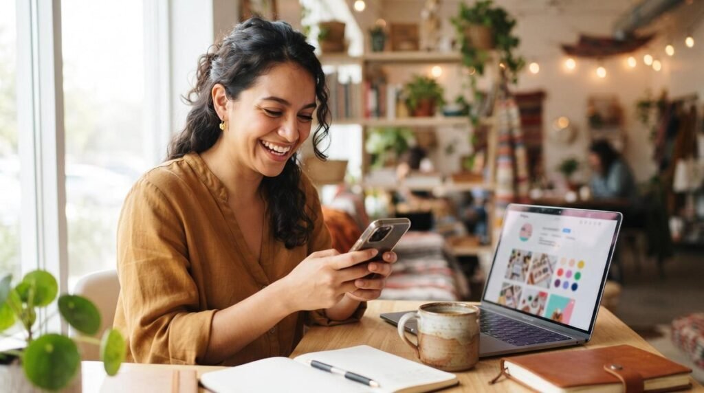 Estrategias de marketing en redes sociales para pequeños negocios que puedes aplicar hoy 4 Una pequeña empresaria mexicana sonríe mientras revisa su teléfono móvil en un espacio de trabajo moderno y luminoso, con una taza de café artesanal