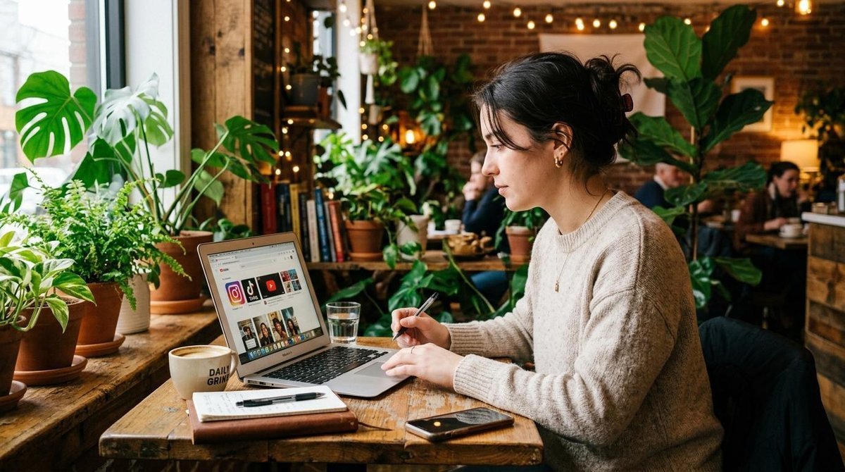 Una persona joven trabajando en una laptop con múltiples pestañas de diferentes plataformas de redes sociales abiertas