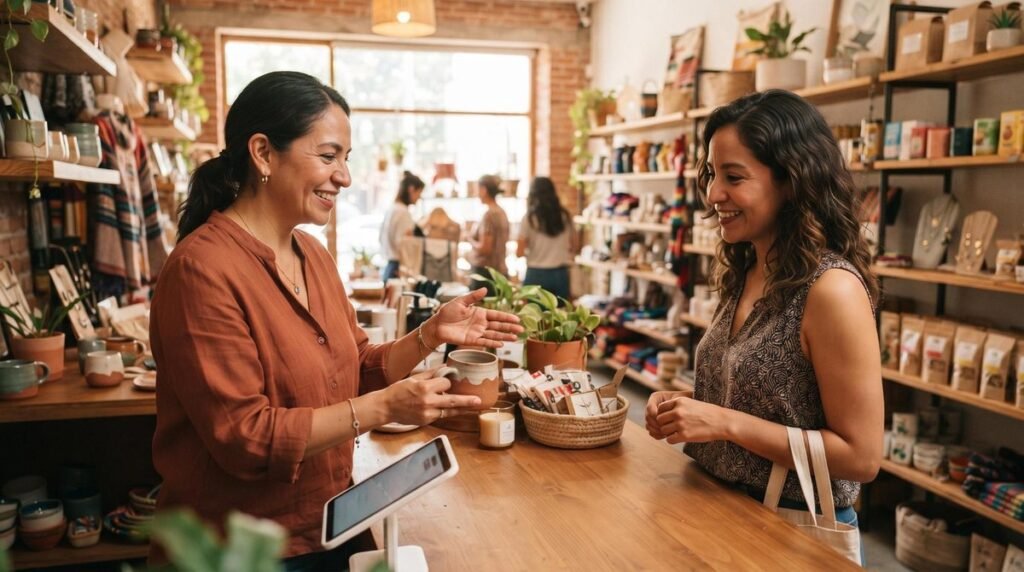 Estrategias de up-selling y cross-selling para pymes que aumentan el ticket promedio 3 Pequeña empresaria mexicana atendiendo a una clientela en una tienda moderna y acogedora, mostrando productos adicionales en el mostrador