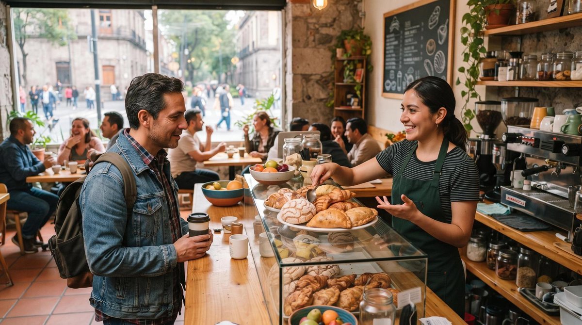 Escena de una cafetería local en Ciudad de México donde una persona en el mostrador sugiere complementos a un cliente, con productos frescos exhibidos