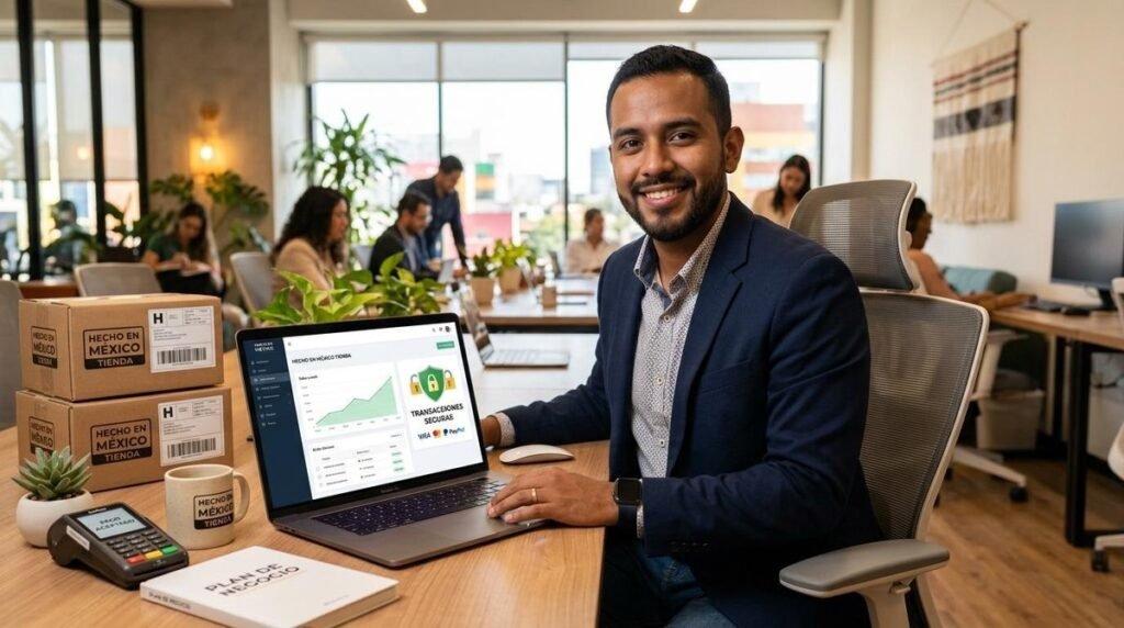 Mejores prácticas para vender en línea sin riesgo de contracargos en tu negocio 1 Persona sonriente trabajando en portátil con cajas y taza de café