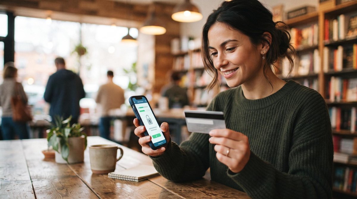 Persona sonriente usa tarjeta de crédito y teléfono móvil para comprar en línea