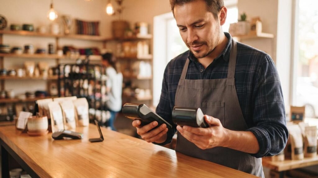 Mercado Pago vs Clip: comparativa de terminales para elegir la que tu negocio necesita 6 Un dueño de negocio mexicano sostiene dos terminales de pago portátiles sobre un mostrador de madera moderna, comparando ambos dispositivos