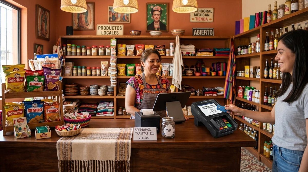 Interior de una pequeña tienda mexicana con un mostrador ordenado y una terminal de cobro lista para recibir pagos