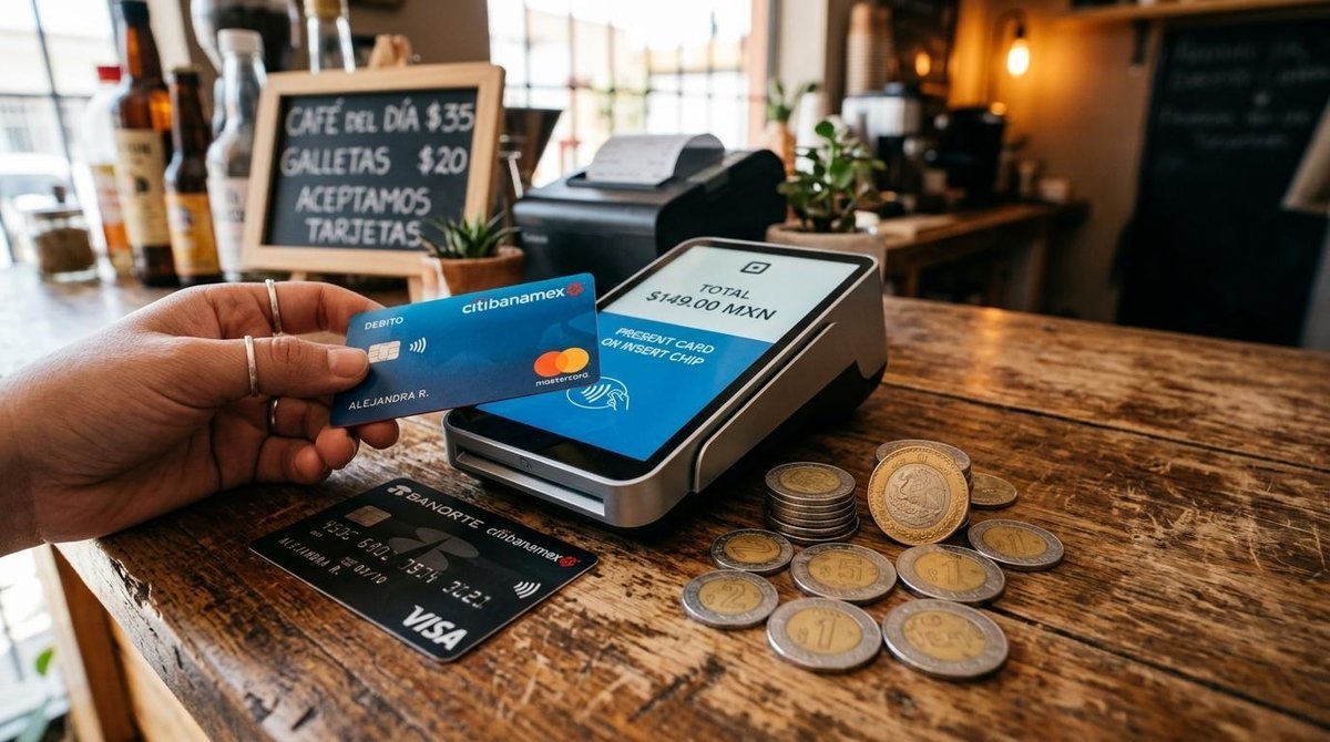 Vista cercana de una terminal de punto de venta moderna sobre una superficie de madera, acompañada de tarjetas bancarias y monedas mexicanas