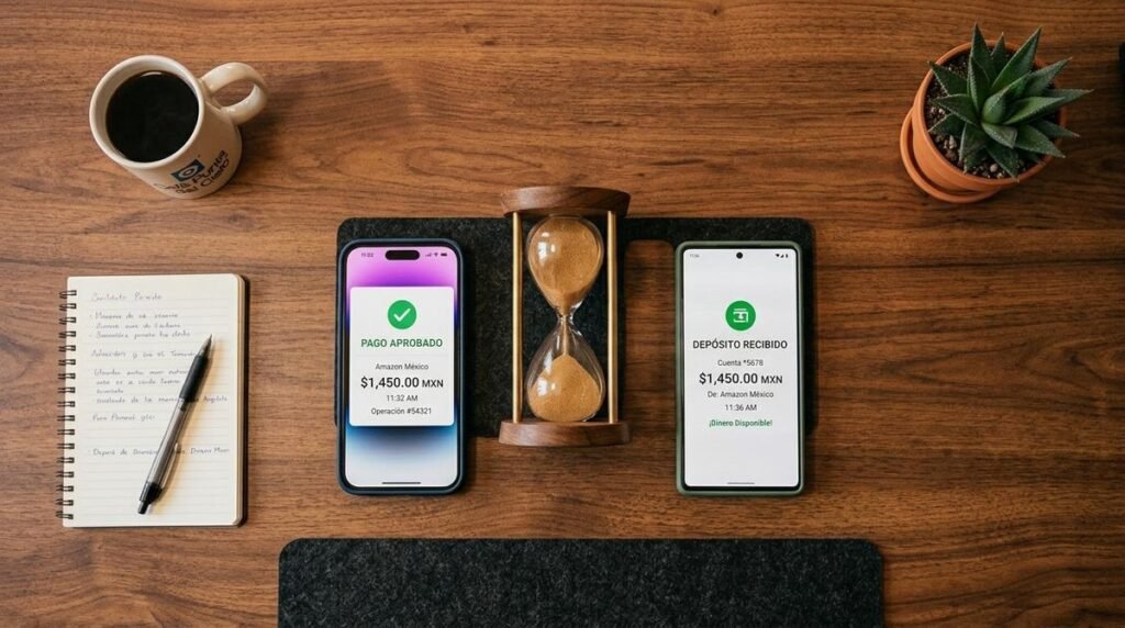 Mercado Pago vs Conekta: cuál procesa pagos más rápido en México y por qué importa 5 Vista superior de dos smartphones sobre una mesa de trabajo moderna, uno mostrando una pantalla de pago aprobado y el otro un depósito recibido