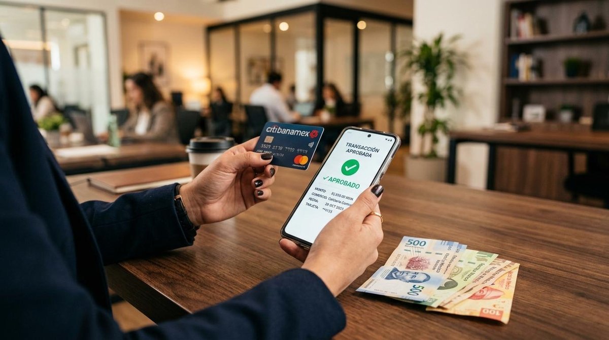 Mercado Pago vs Conekta: cuál procesa pagos más rápido en México y por qué importa 1 Primer plano de manos profesionales sosteniendo una tarjeta bancaria junto a un smartphone que muestra una transacción aprobada, con billetes mexicanos