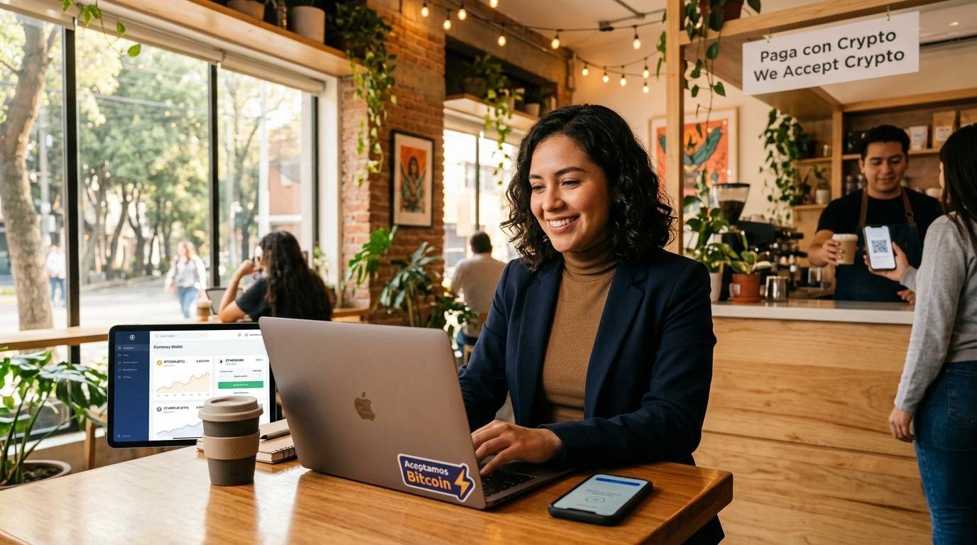 Una persona joven profesional trabajando en una laptop en un café moderno de la Ciudad de México, con iluminación natural y ambiente cálido 
