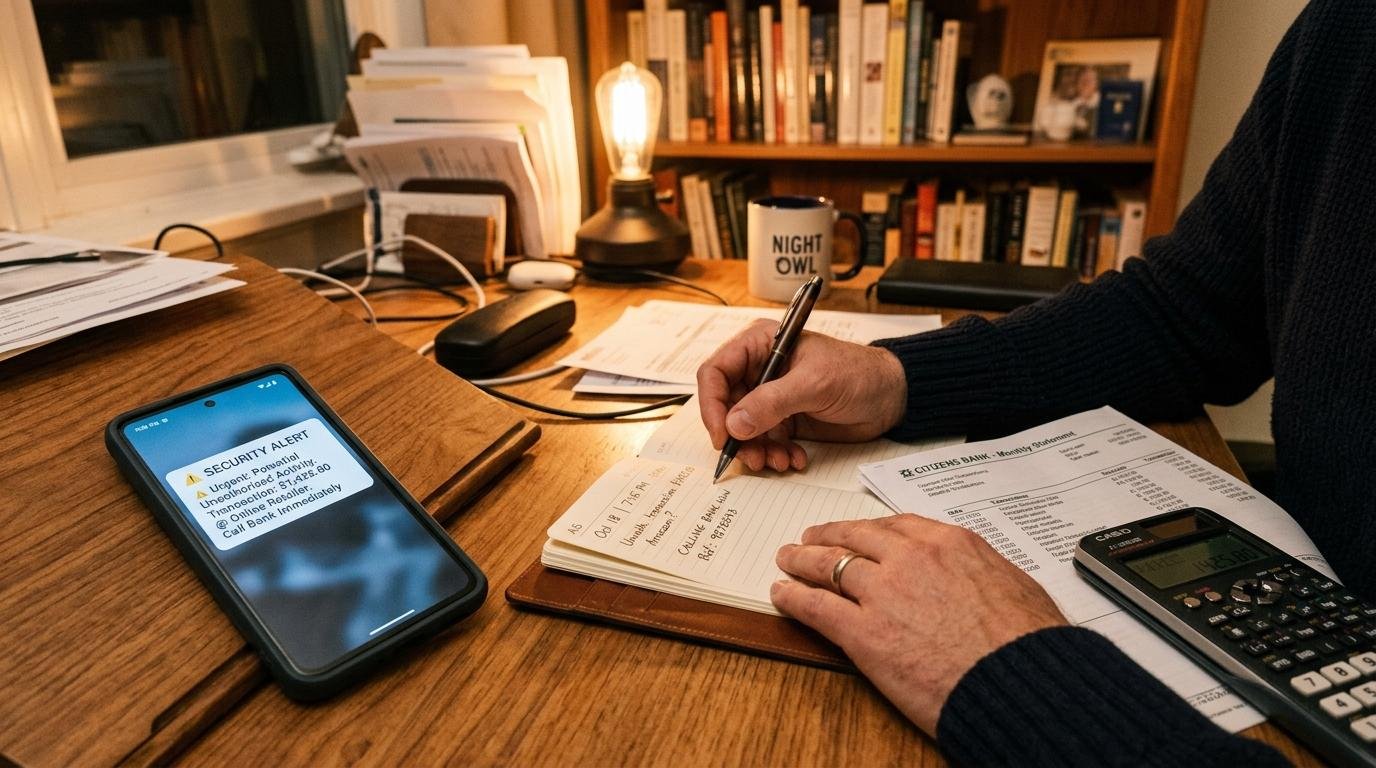 Smartphone sobre escritorio mostrando una alerta de seguridad financiera, manos adultas tomando notas en un cuaderno junto a documentos y una calculadora 