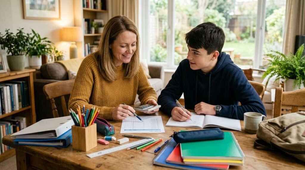 Una madre y su hijo adolescente organizan útiles escolares sobre una mesa de madera clara, revisando una lista de presupuesto junto a una calculadora