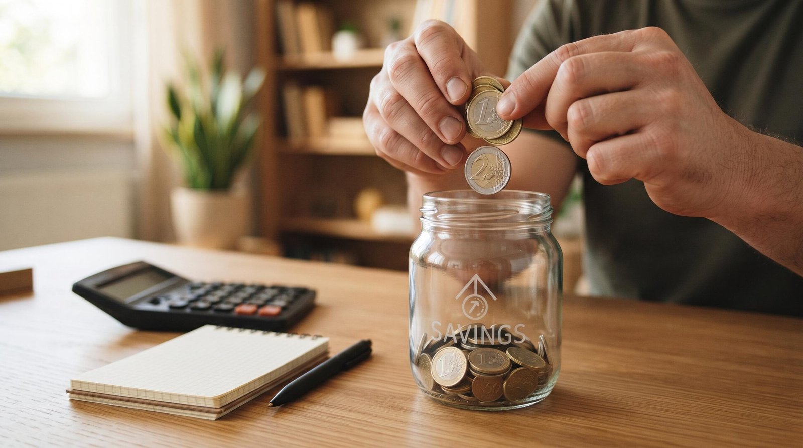 Manos de una persona depositando monedas en una alcancía transparente sobre un escritorio organizado, con una calculadora y una libreta de notas cerca
