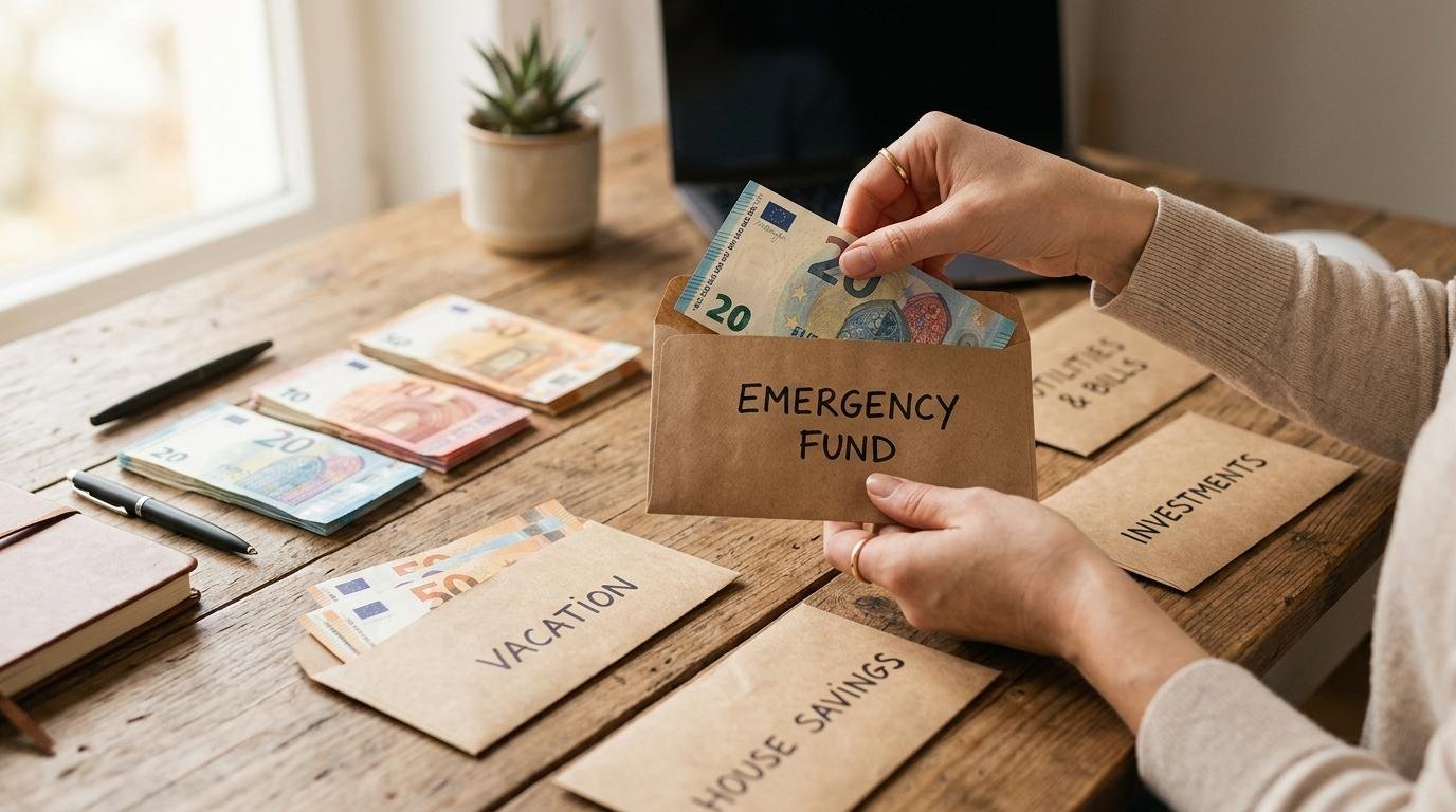 Cofrinhos de Mercado Pago: qué son, cómo funcionan y en qué países están disponibles 1 Manos separando billetes en diferentes sobres marcados sobre una mesa de madera, simbolizando la organización de dinero por metas específicas