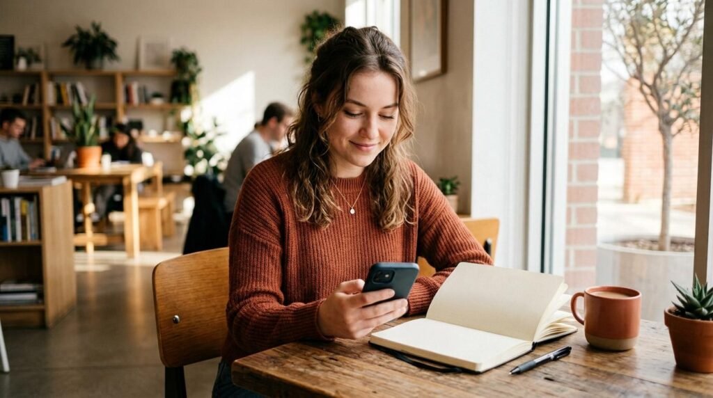 Una persona joven sentada en un espacio moderno y luminoso revisando su smartphone junto a una libreta abierta con anotaciones de presupuesto, expresión