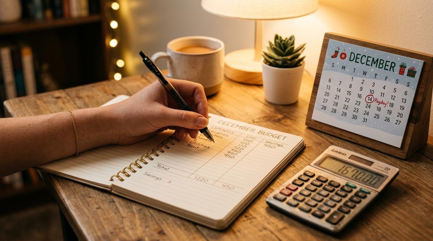 Cómo planificar tus gastos navideños sin endeudarme: estrategias que van más allá del presupuesto 1 Primer plano de una mano escribiendo números en una libreta de presupuesto junto a una calculadora y un calendario de escritorio con diciembre marcado
