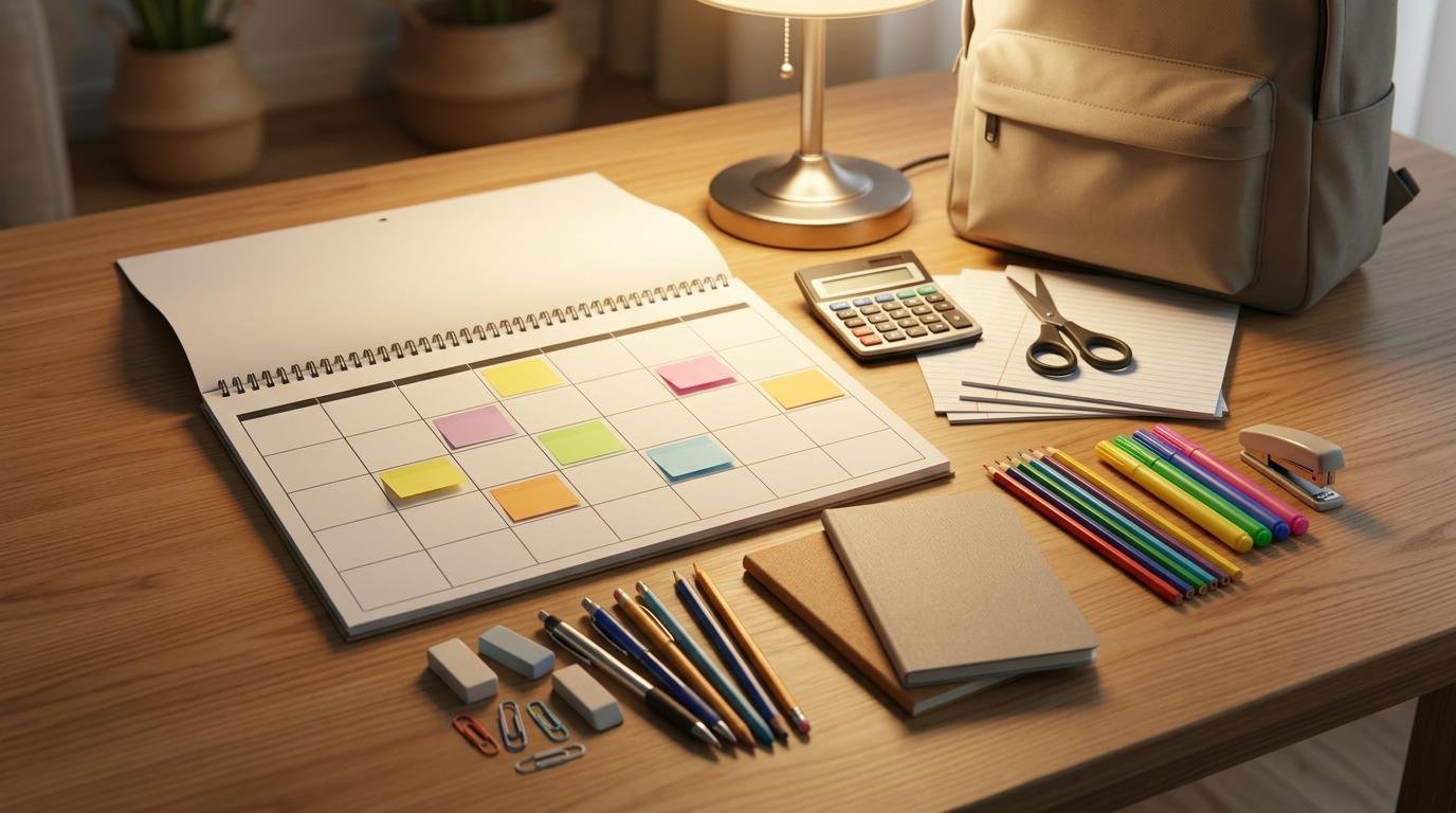 Calendario mensual abierto sobre una mesa con notas adheridas marcando fechas clave de ofertas escolares, rodeado de artículos escolares organizados 
