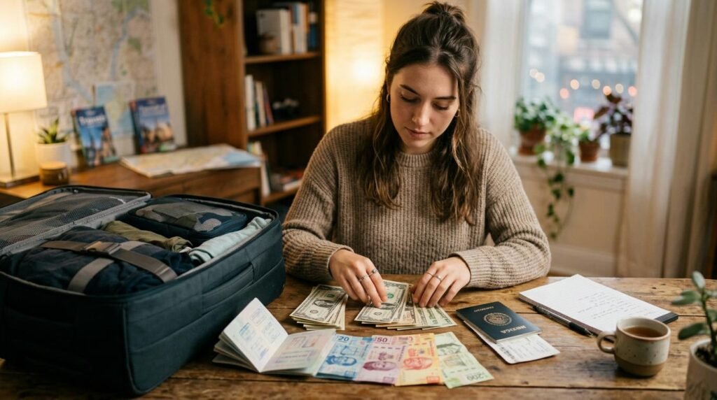 Persona joven organizando billetes de dólares y pesos mexicanos sobre una mesa con un pasaporte y una maleta de viaje abierta, iluminación cálida