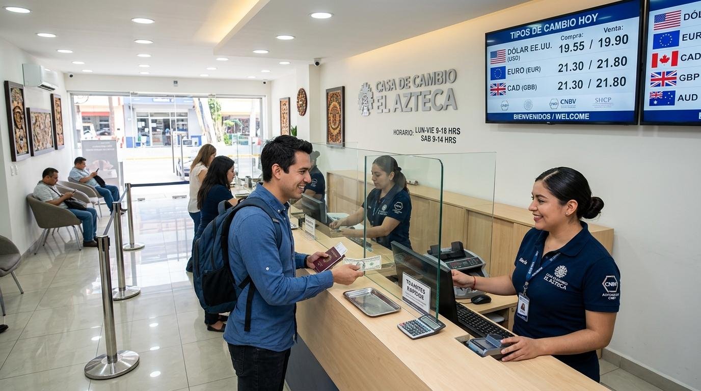 Interior de una casa de cambio autorizada en México, con mostradores limpios, pantallas digitales mostrando tipos de cambio actualizados y un cliente 
