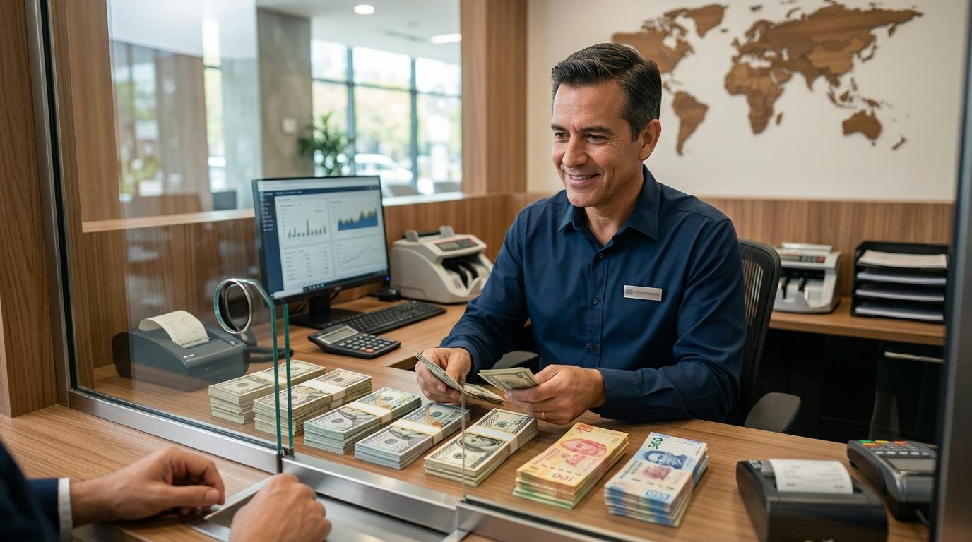 Vista de una ventanilla de casa de cambio con billetes de dólares y pesos sobre el mostrador, atendida por un cajero profesional, con iluminación cálida
