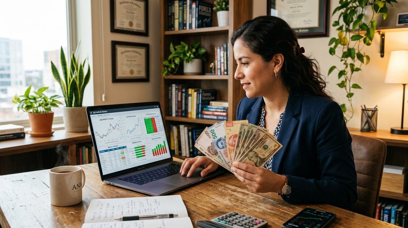 Persona sentada en escritorio con laptop mostrando gráficos financieros y sosteniendo billetes de euros 